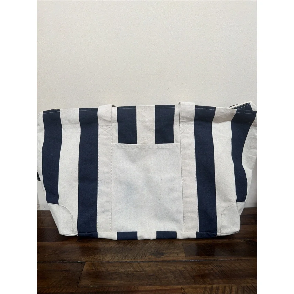 The Ritz Carlton Aruba Luxury Resort Navy Blue Cream Canvas Tote Beach Bag Zip